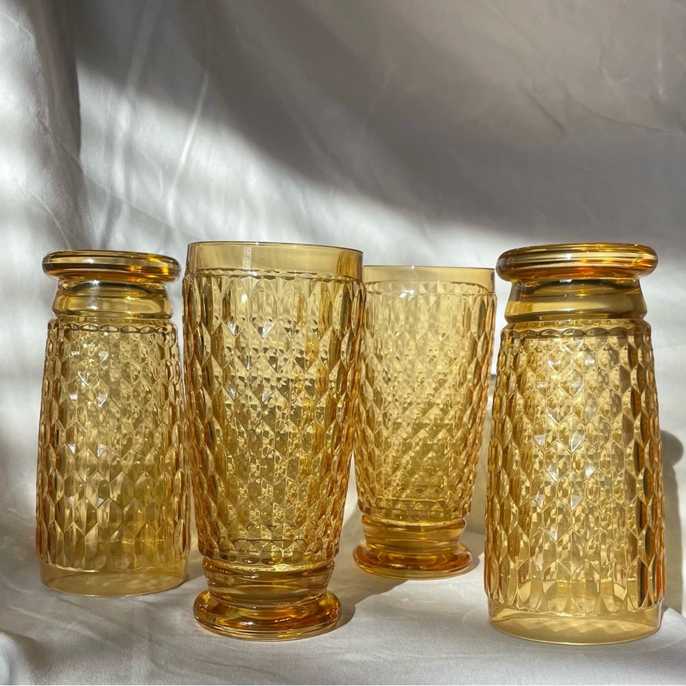 Rare Set of 4 Villeroy & Boch Amber Boston Highball Glasses Honeycomb Crystal